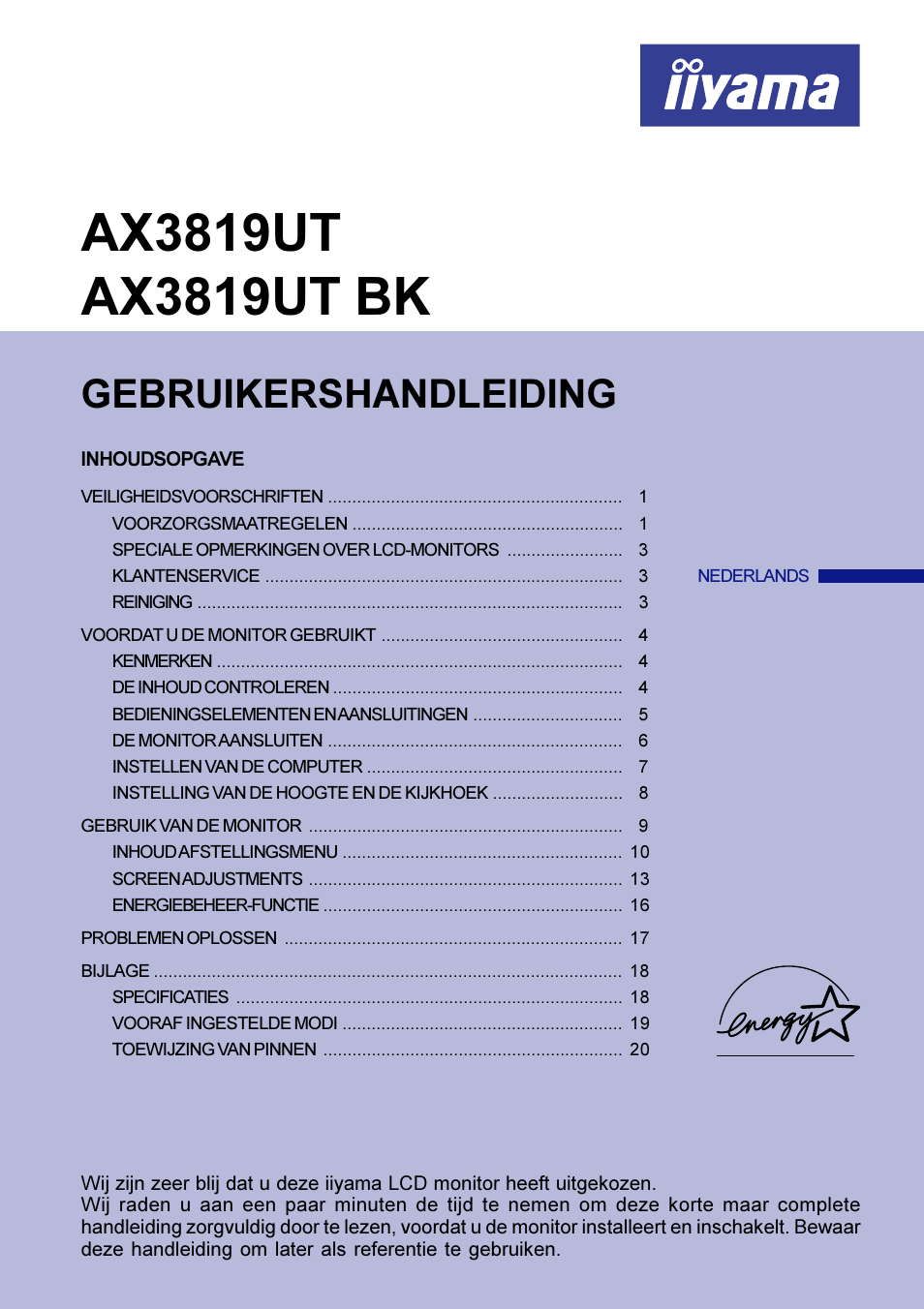 Nederlands, Gebruikershandleiding | Iiyama AX3819UT BK User Manual | Page 71 / 136