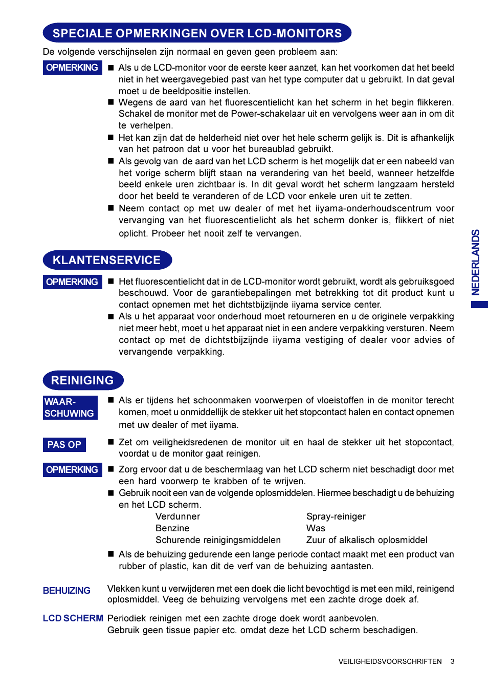 Reiniging, Klantenservice, Speciale opmerkingen over lcd-monitors | Iiyama AX3819UT BK User Manual | Page 75 / 136