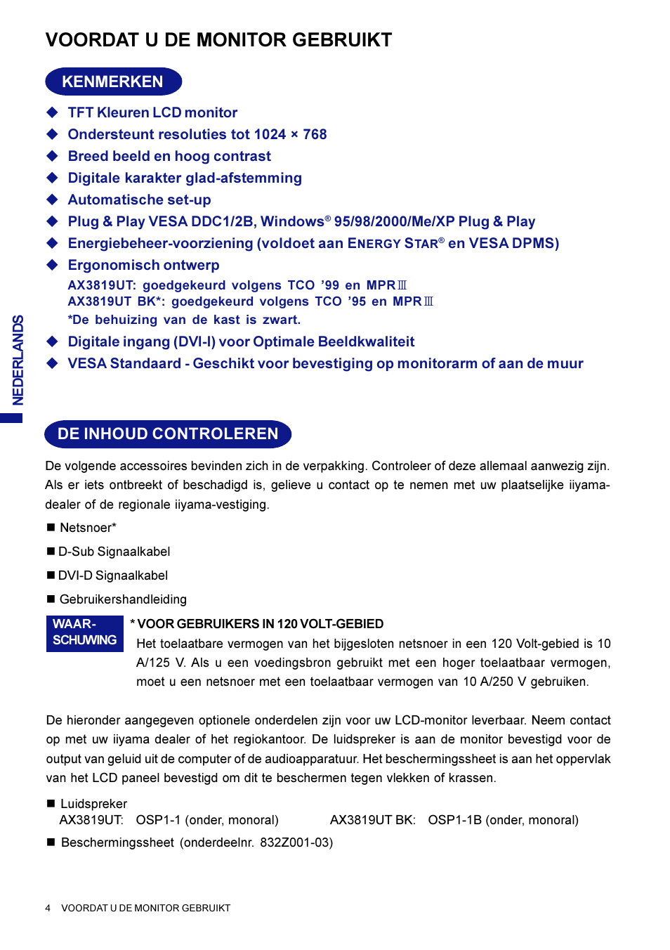 Voordat u de monitor gebruikt, Kenmerken, De inhoud controleren | Iiyama AX3819UT BK User Manual | Page 76 / 136