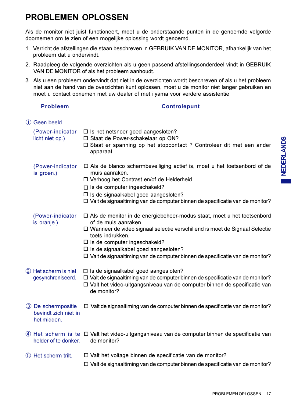 Problemen oplossen | Iiyama AX3819UT BK User Manual | Page 89 / 136