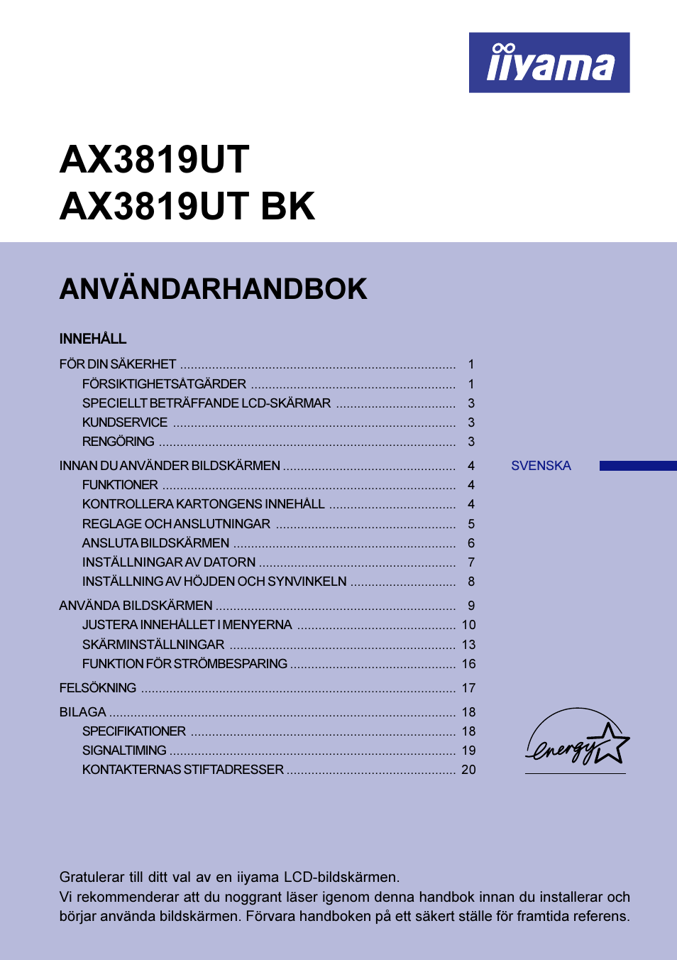 Svenska, Användarhandbok | Iiyama AX3819UT BK User Manual | Page 93 / 136