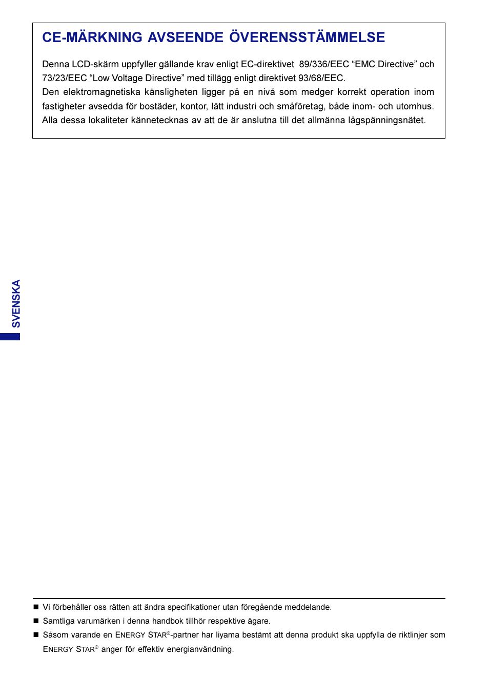 Ce-märkning avseende överensstämmelse, Svenska | Iiyama AX3819UT BK User Manual | Page 94 / 136