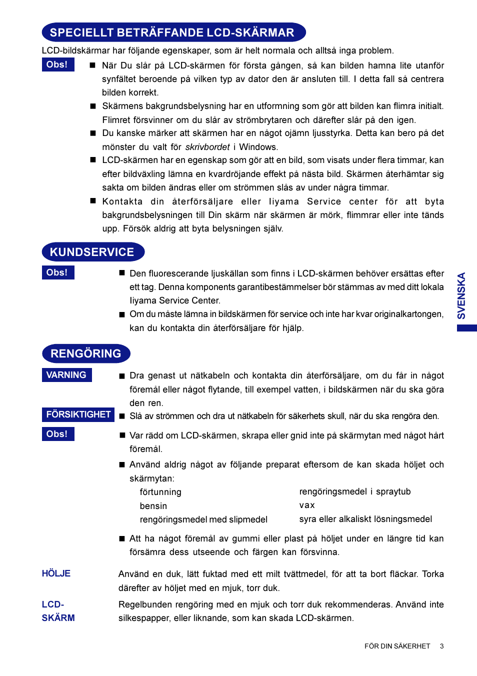 Speciellt beträffande lcd-skärmar, Kundservice rengöring | Iiyama AX3819UT BK User Manual | Page 97 / 136