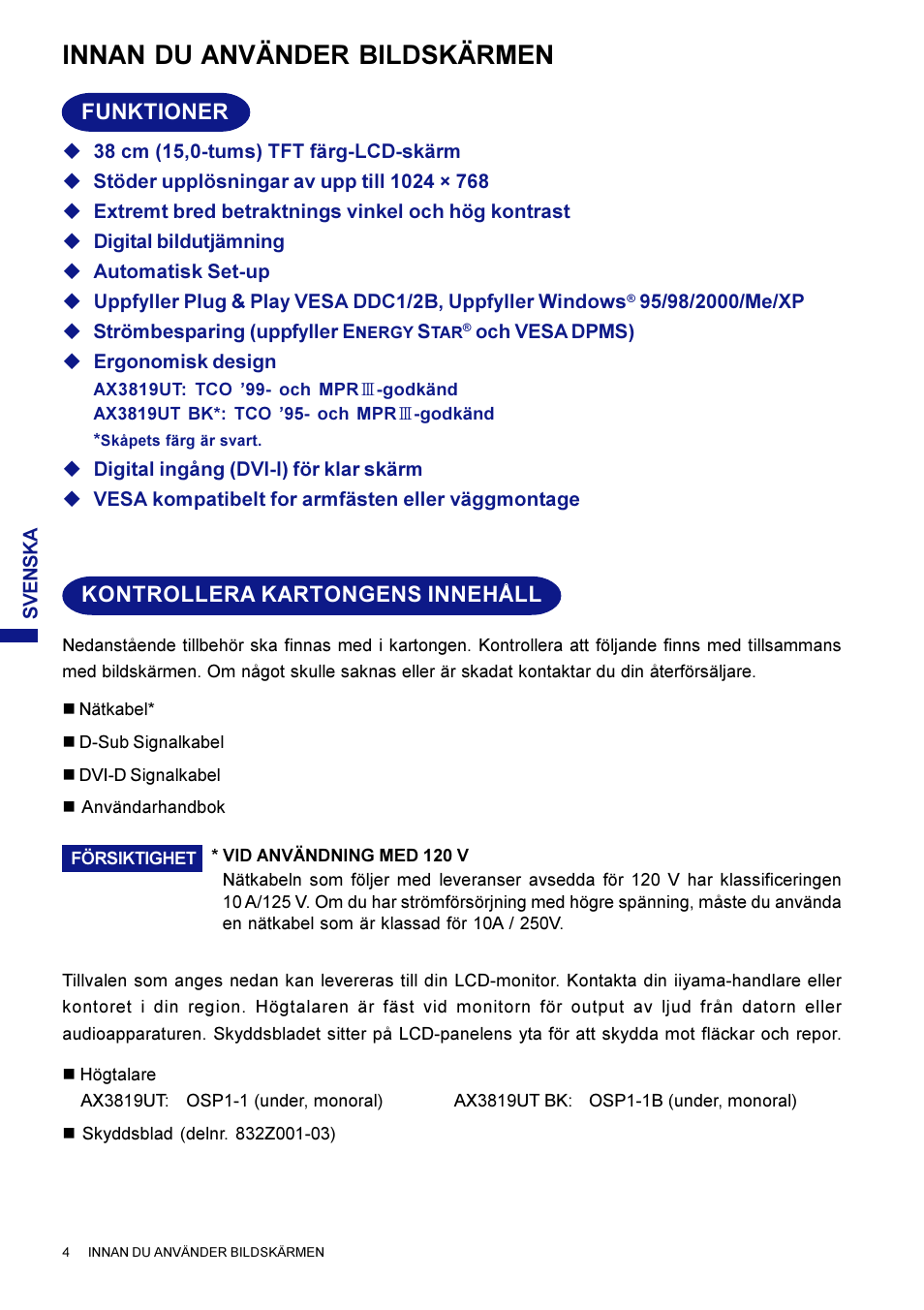 Innan du använder bildskärmen, Funktioner, Kontrollera kartongens innehåll | Iiyama AX3819UT BK User Manual | Page 98 / 136