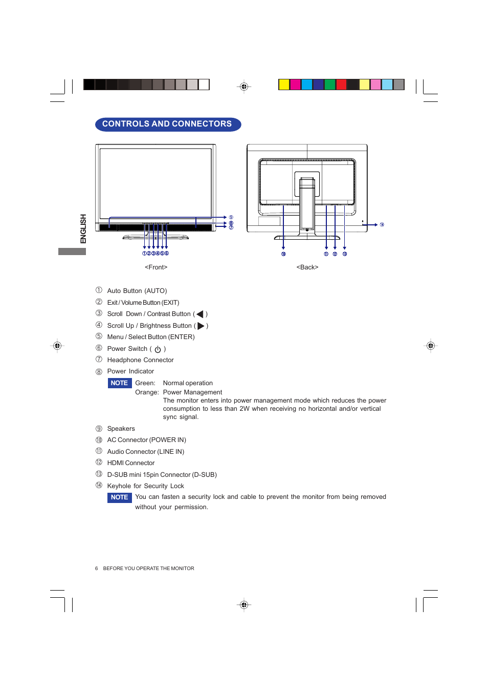 Front panel control, Controls and connectors | Iiyama PROLITE B2403WS User Manual | Page 10 / 30