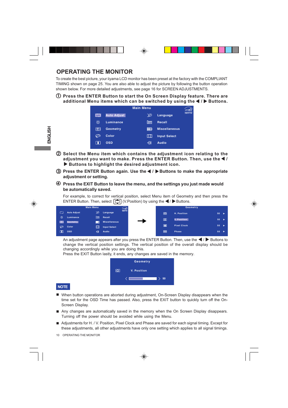 Operating the monitor, Adjusting | Iiyama PROLITE B2403WS User Manual | Page 14 / 30
