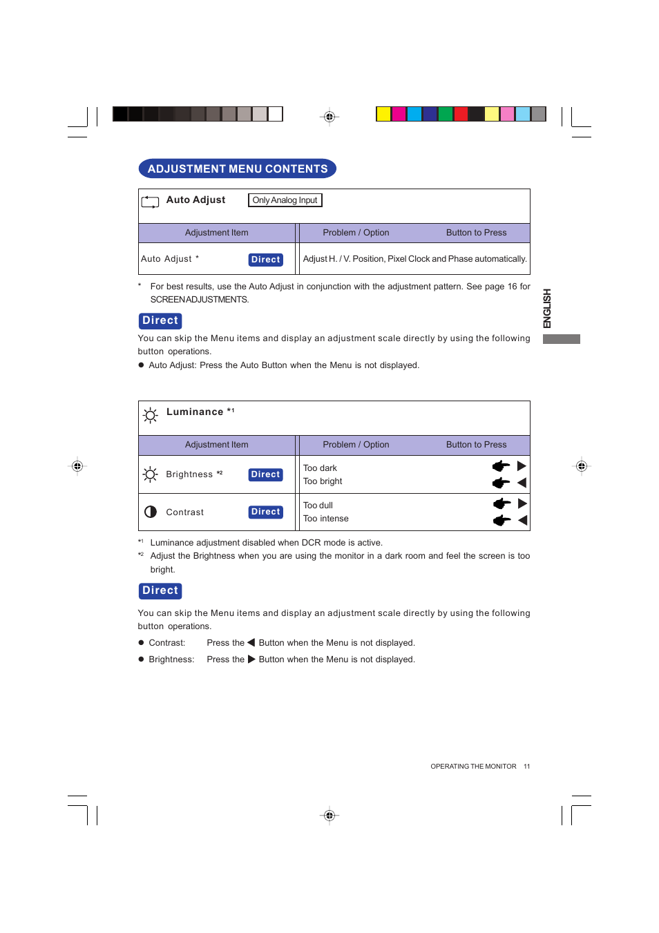 Adjustment menu contents, Direct | Iiyama PROLITE B2403WS User Manual | Page 15 / 30