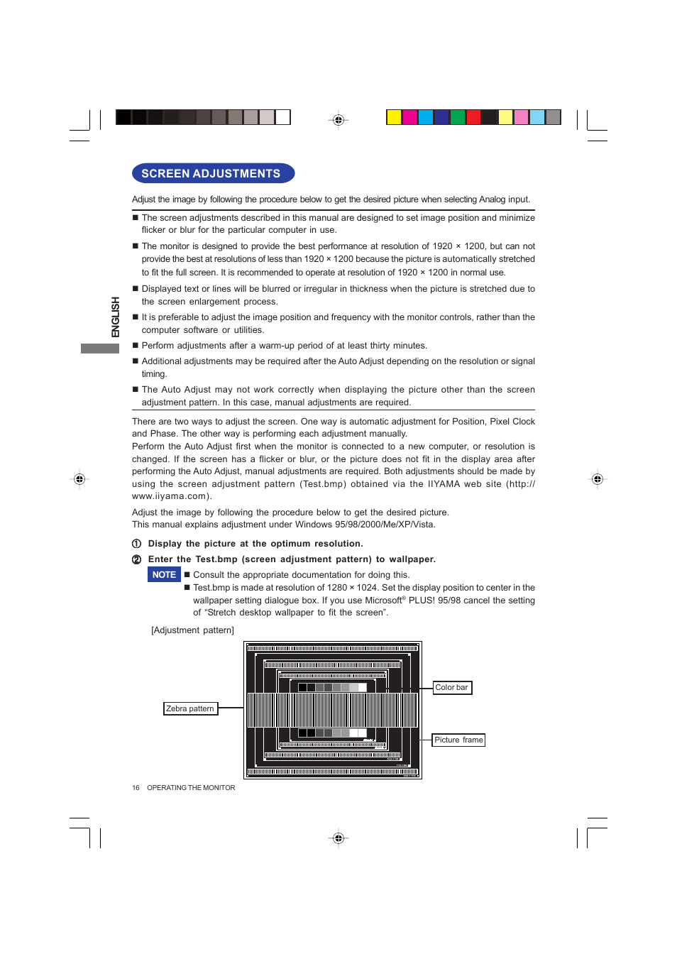 Screen adjustments | Iiyama PROLITE B2403WS User Manual | Page 20 / 30