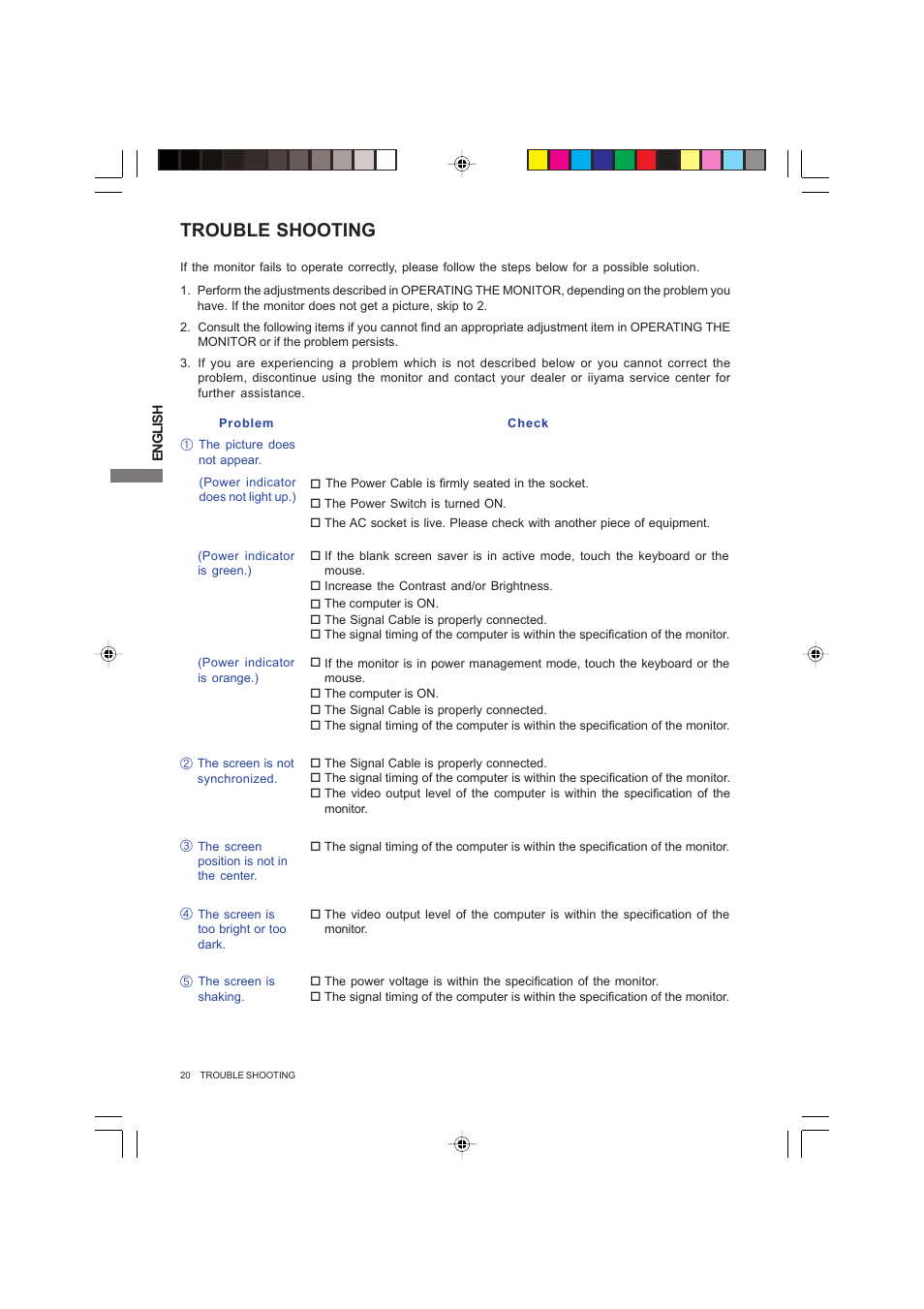 Trouble shooting | Iiyama PROLITE B2403WS User Manual | Page 24 / 30