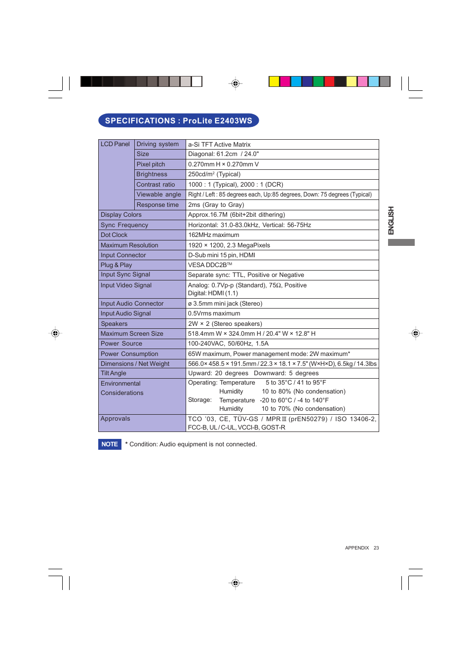 Specifications : prolite e2403ws | Iiyama PROLITE B2403WS User Manual | Page 27 / 30