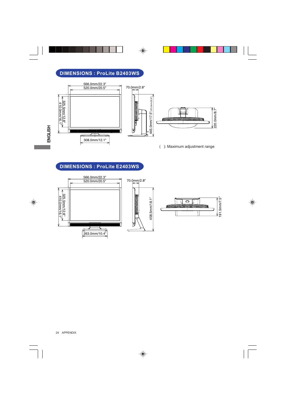 Dimensions dimensions : prolite b2403ws, Dimensions dimensions : prolite e2403ws | Iiyama PROLITE B2403WS User Manual | Page 28 / 30