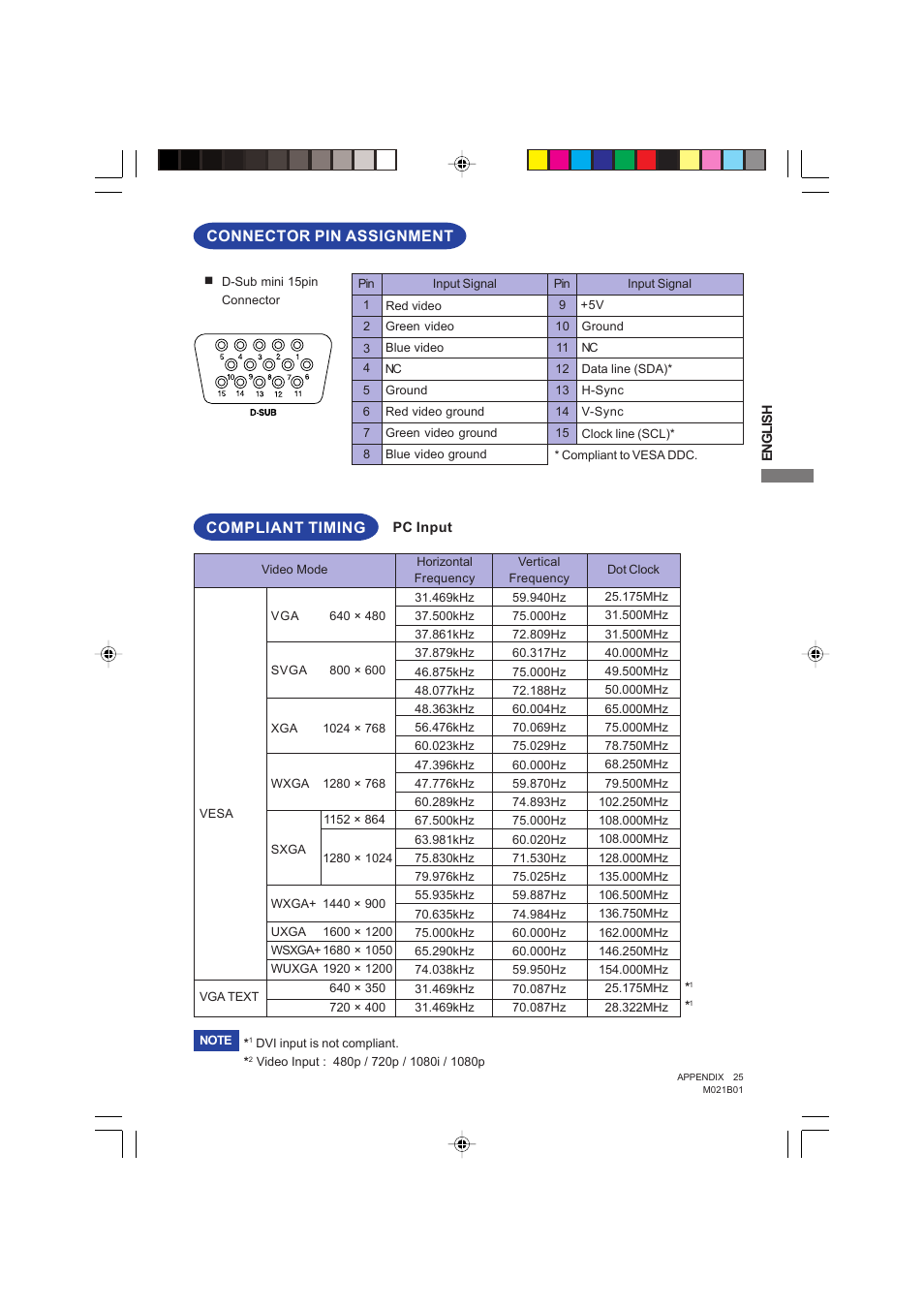 Compliant timing, Connector pin assignment | Iiyama PROLITE B2403WS User Manual | Page 29 / 30