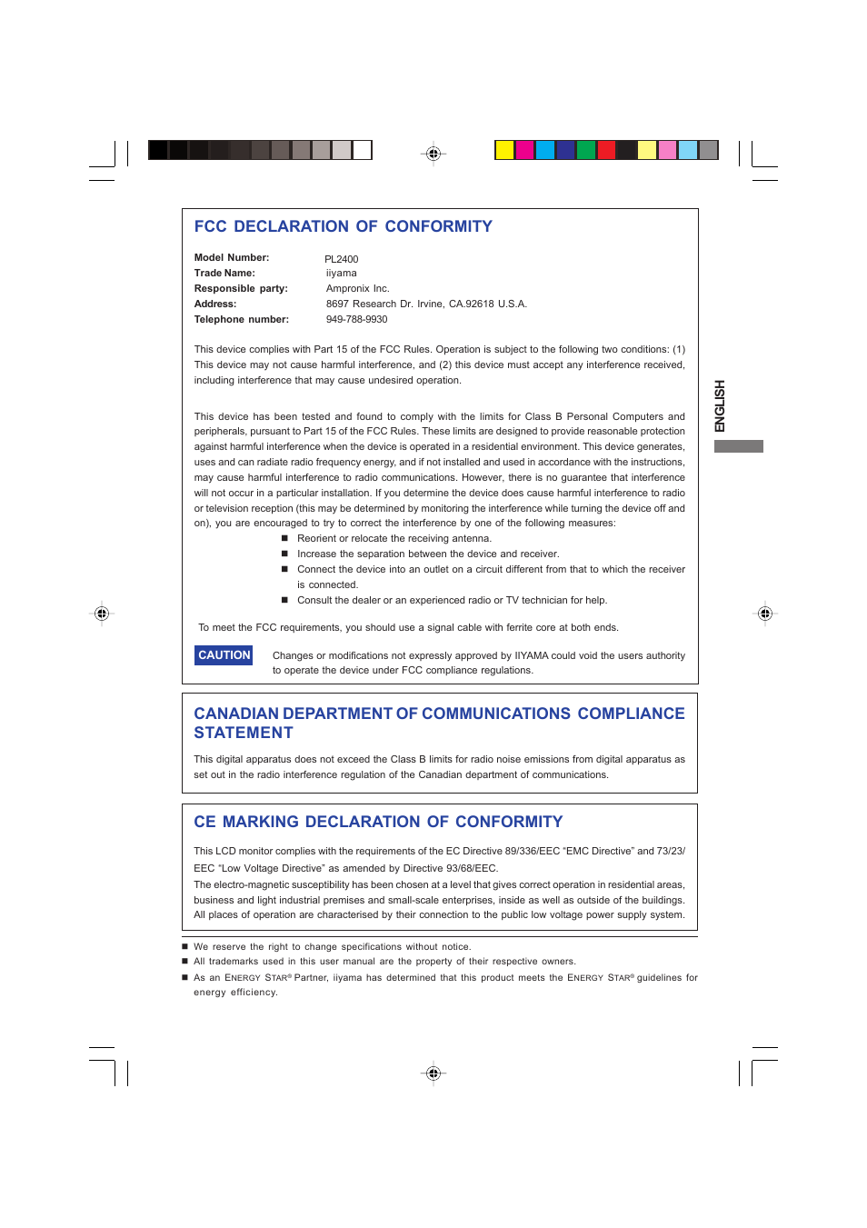 Fcc declaration of conformity, Ce marking declaration of conformity | Iiyama PROLITE B2403WS User Manual | Page 3 / 30