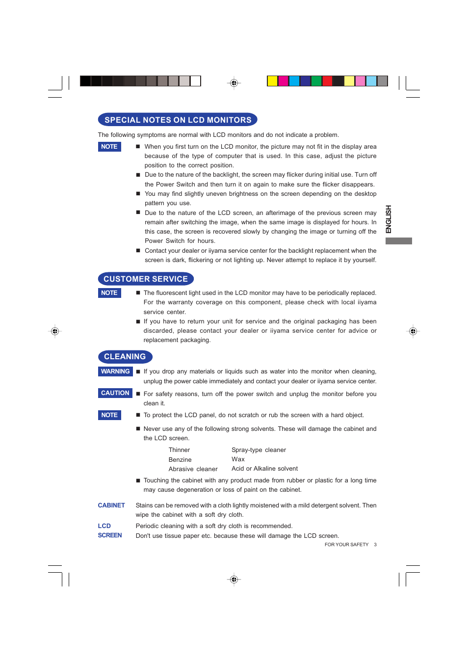 Customer service cleaning | Iiyama PROLITE B2403WS User Manual | Page 7 / 30
