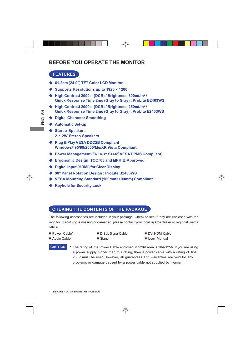 Before you operate the monitor | Iiyama PROLITE B2403WS User Manual | Page 8 / 30
