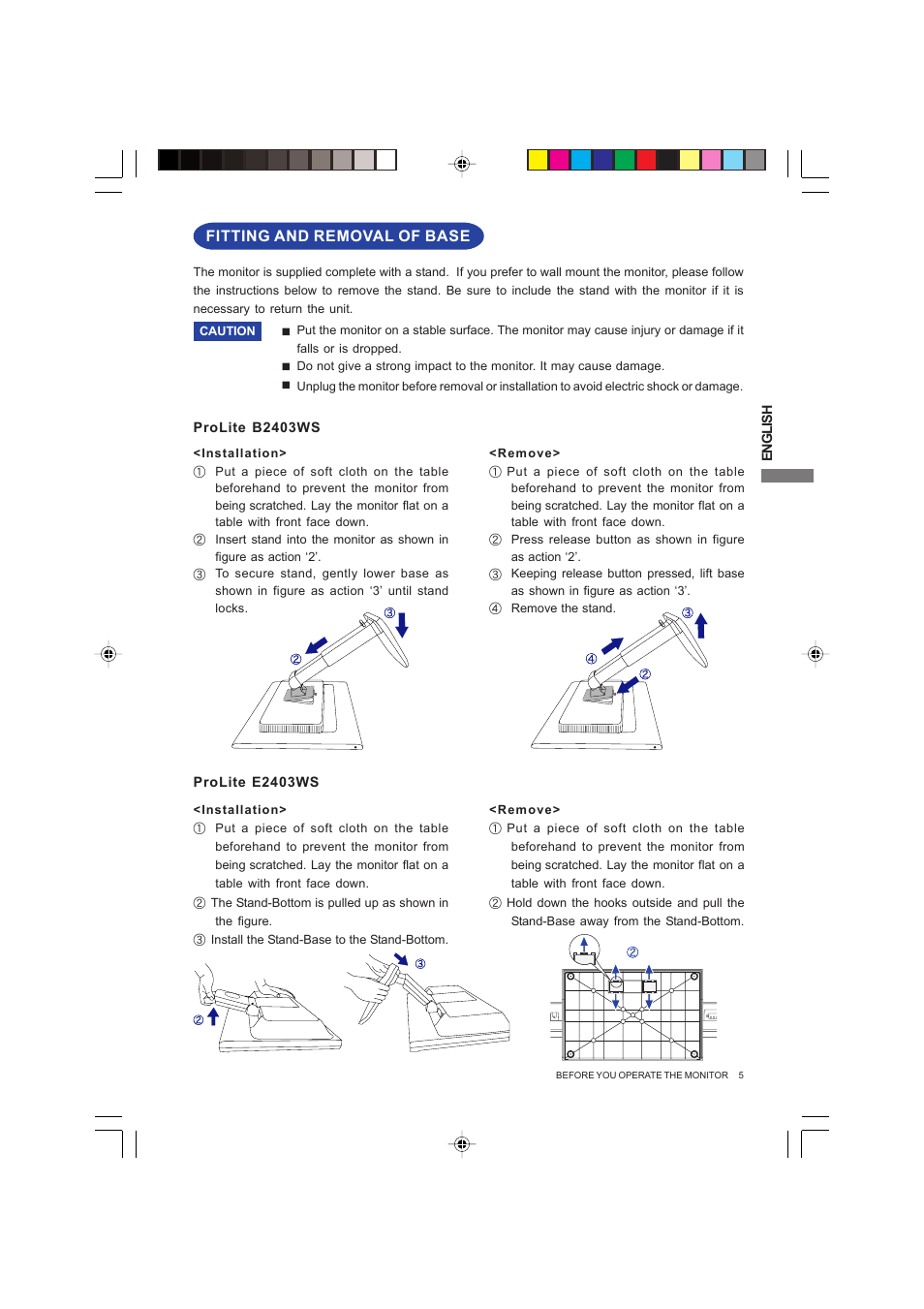 Fitting and removal of base | Iiyama PROLITE B2403WS User Manual | Page 9 / 30
