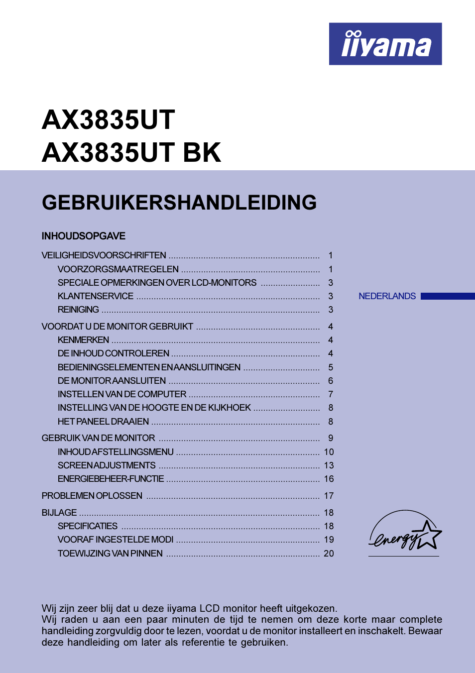 Nederlands, Gebruikershandleiding | Iiyama AX3835UT User Manual | Page 71 / 136