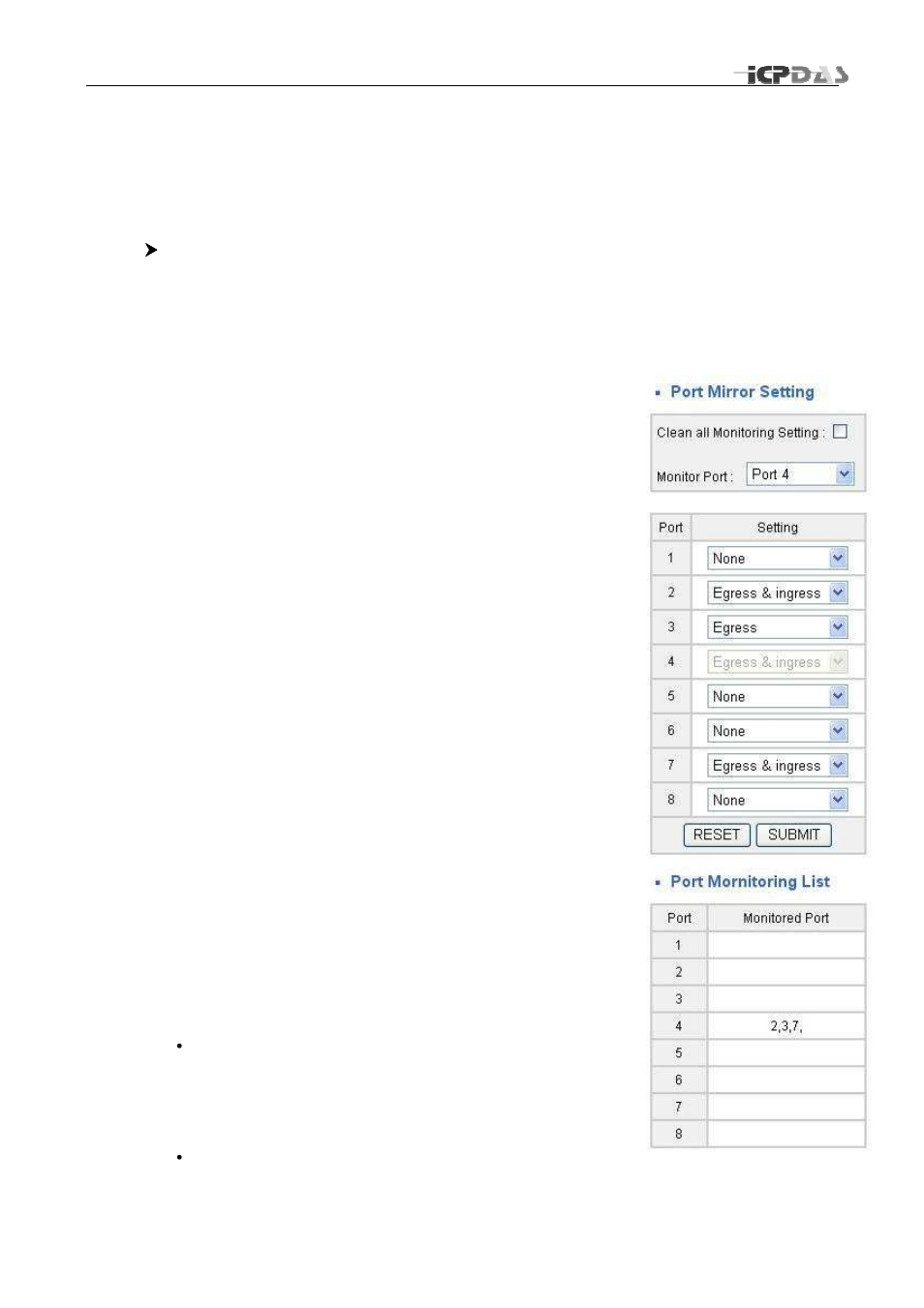 Port configuration, Mirror | ICP DAS USA MSM-508FCS User Manual | Page 14 / 27