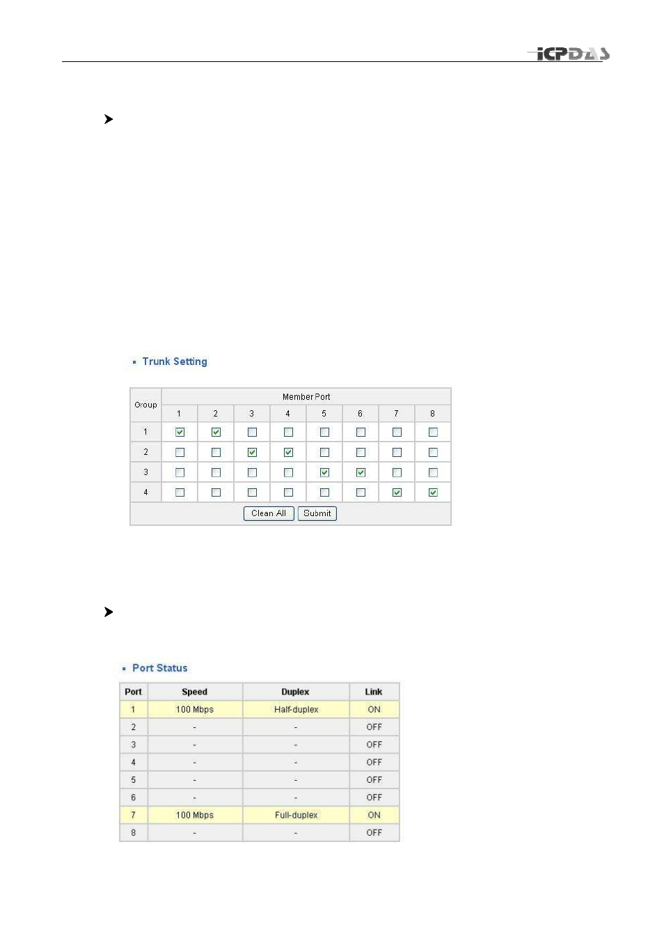 Trunking, Port status | ICP DAS USA MSM-508FCS User Manual | Page 15 / 27