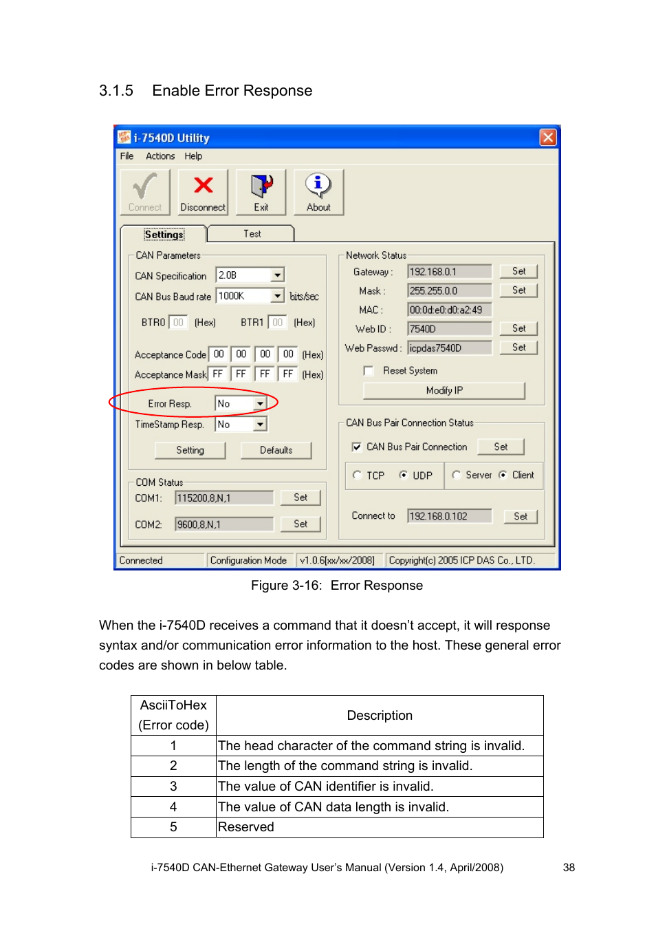 5 enable error response, Enable error response | ICP DAS USA I-7540D User Manual | Page 38 / 121