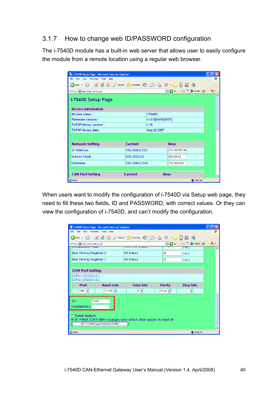 7 how to change web id/password configuration, How to change web id/password configuration | ICP DAS USA I-7540D User Manual | Page 40 / 121