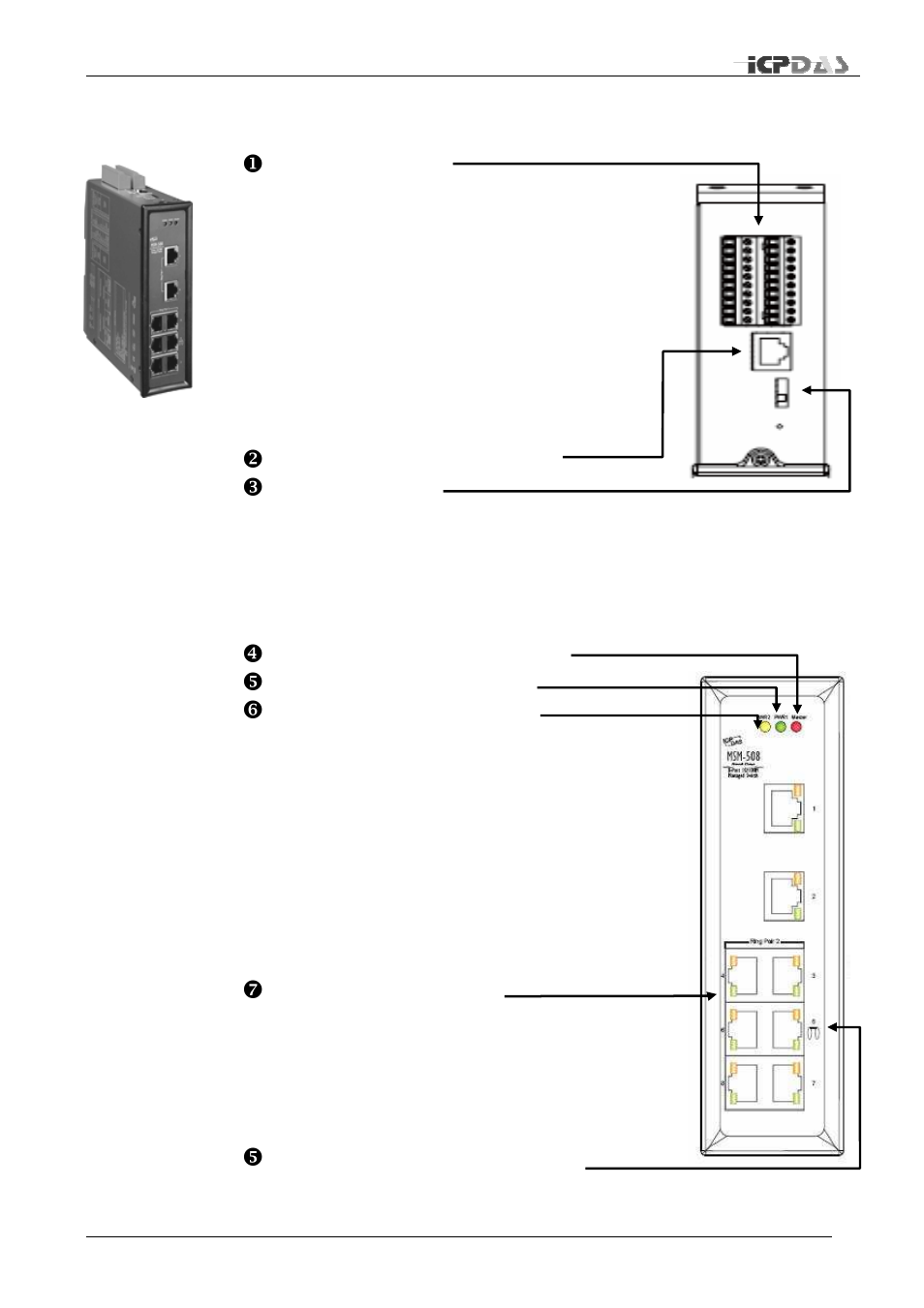 Terminal block, Serial line via ethernet port, Jumper block | Master switch led indicator, Power 1 led indicator, Power 2 led indicator, Rj-45 ethernet ports | ICP DAS USA VERION 1.0 MSM-508FCS User Manual | Page 18 / 42