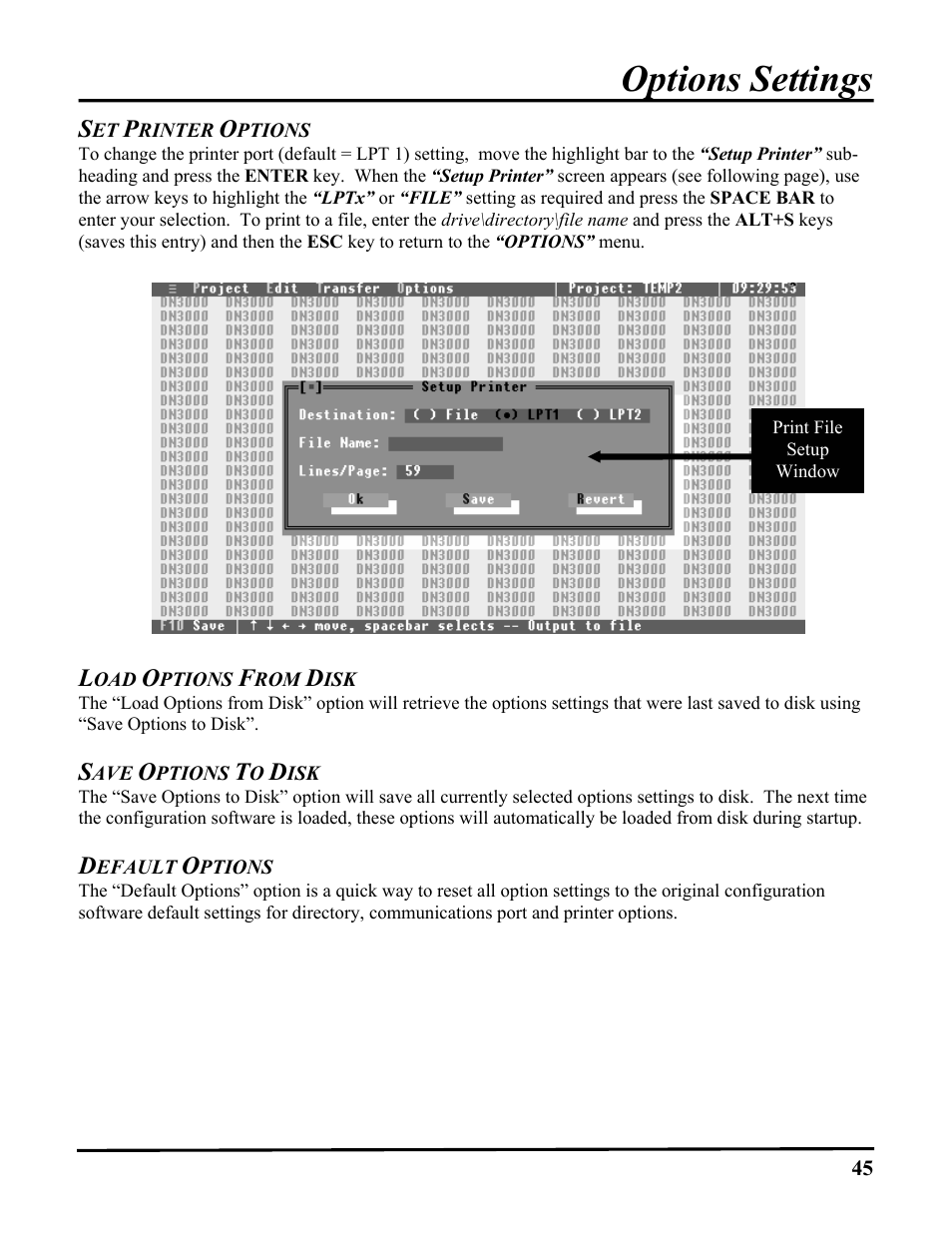 Set printer options, Load options from disk, Save options to disk | Default options, Options settings | ICP DAS USA DB25 User Manual | Page 51 / 82