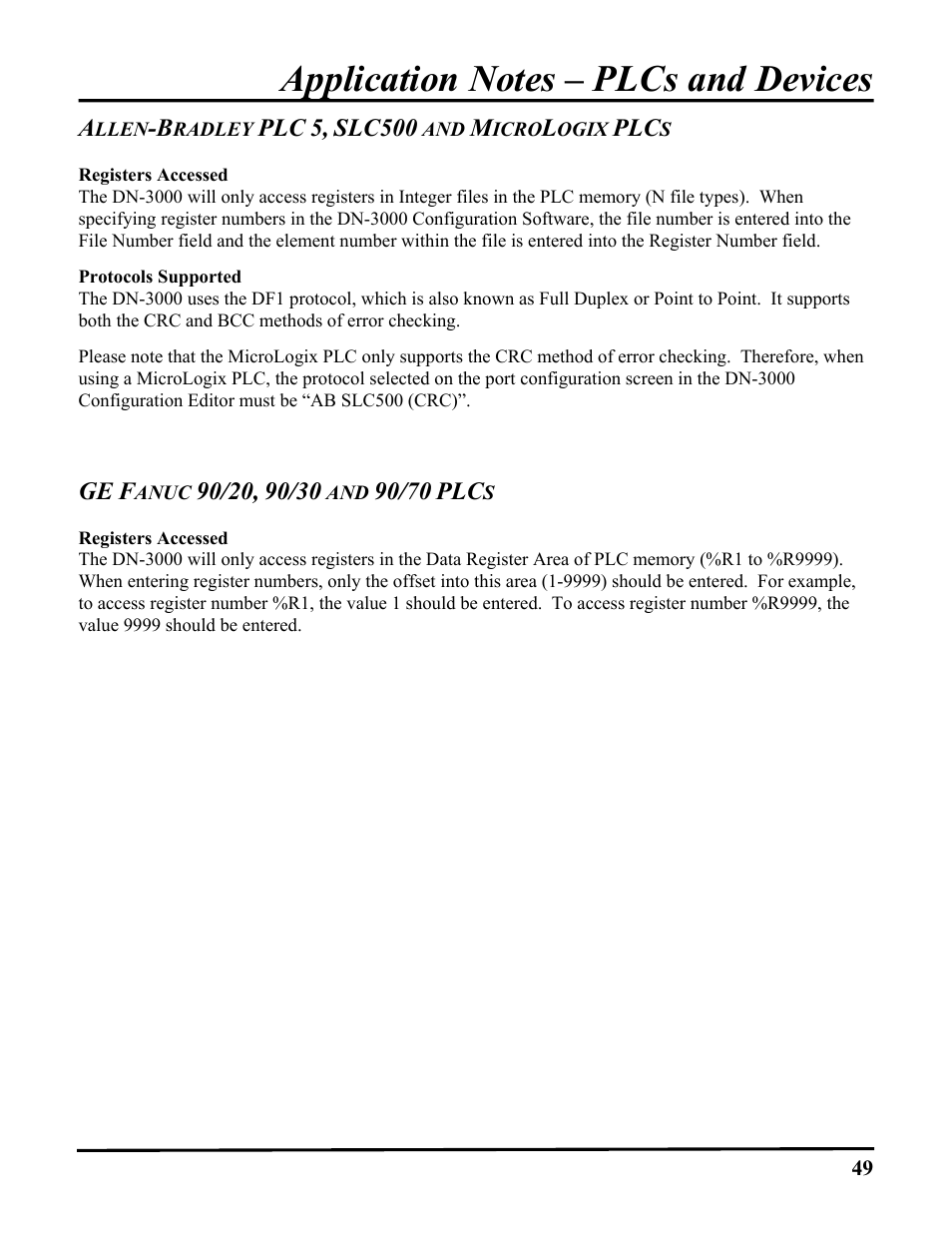 Allen-bradley plc 5, slc500 and micrologix plcs, Registers accessed, Protocols supported | Please note that the micrologix plc only supports, Ge fanuc 90/20, 90/30 and 90/70 plcs | ICP DAS USA DB25 User Manual | Page 55 / 82