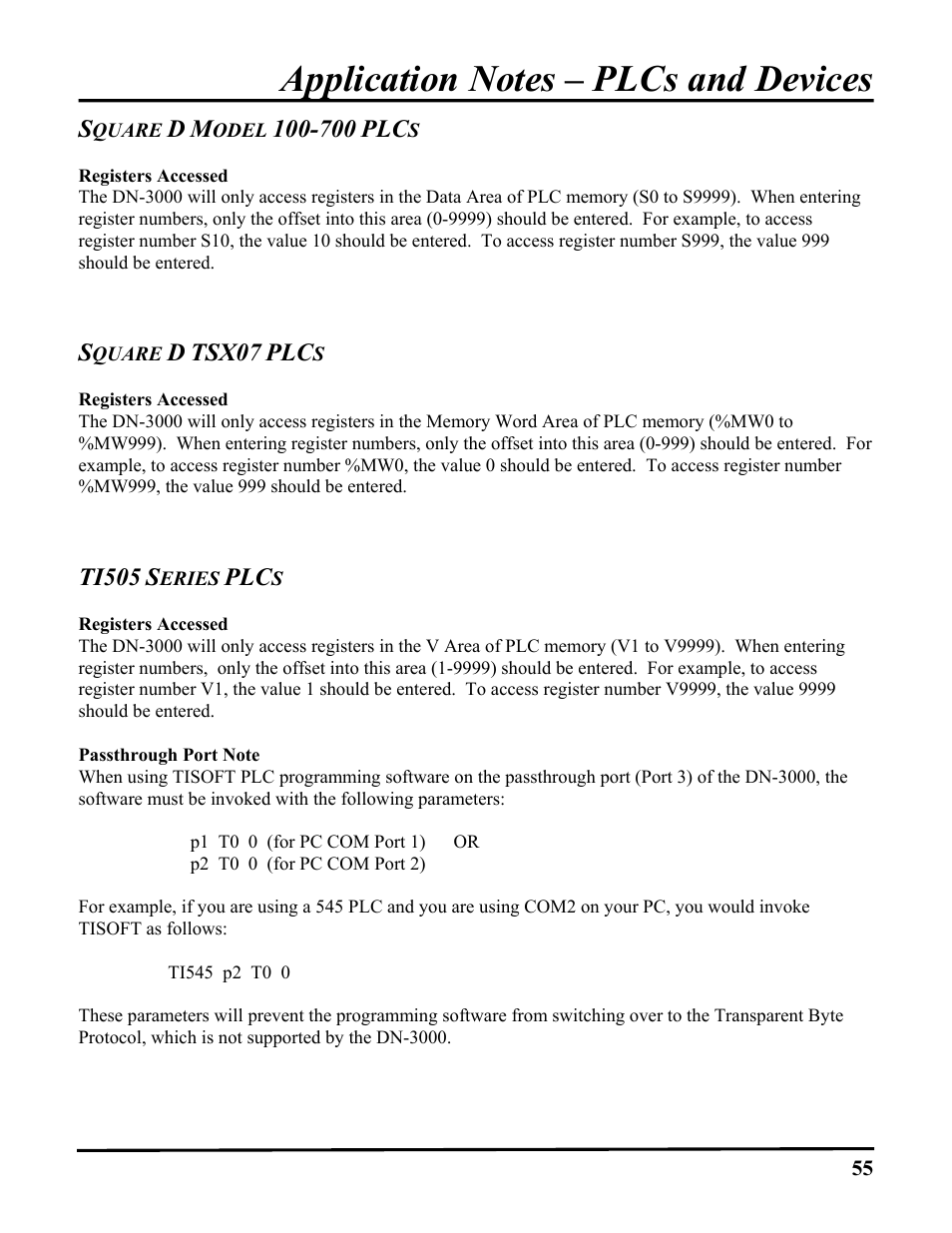 Square d model 100-700 plcs, Registers accessed, Square d tsx07 plcs | Ti505 series plcs, Passthrough port note | ICP DAS USA DB25 User Manual | Page 61 / 82