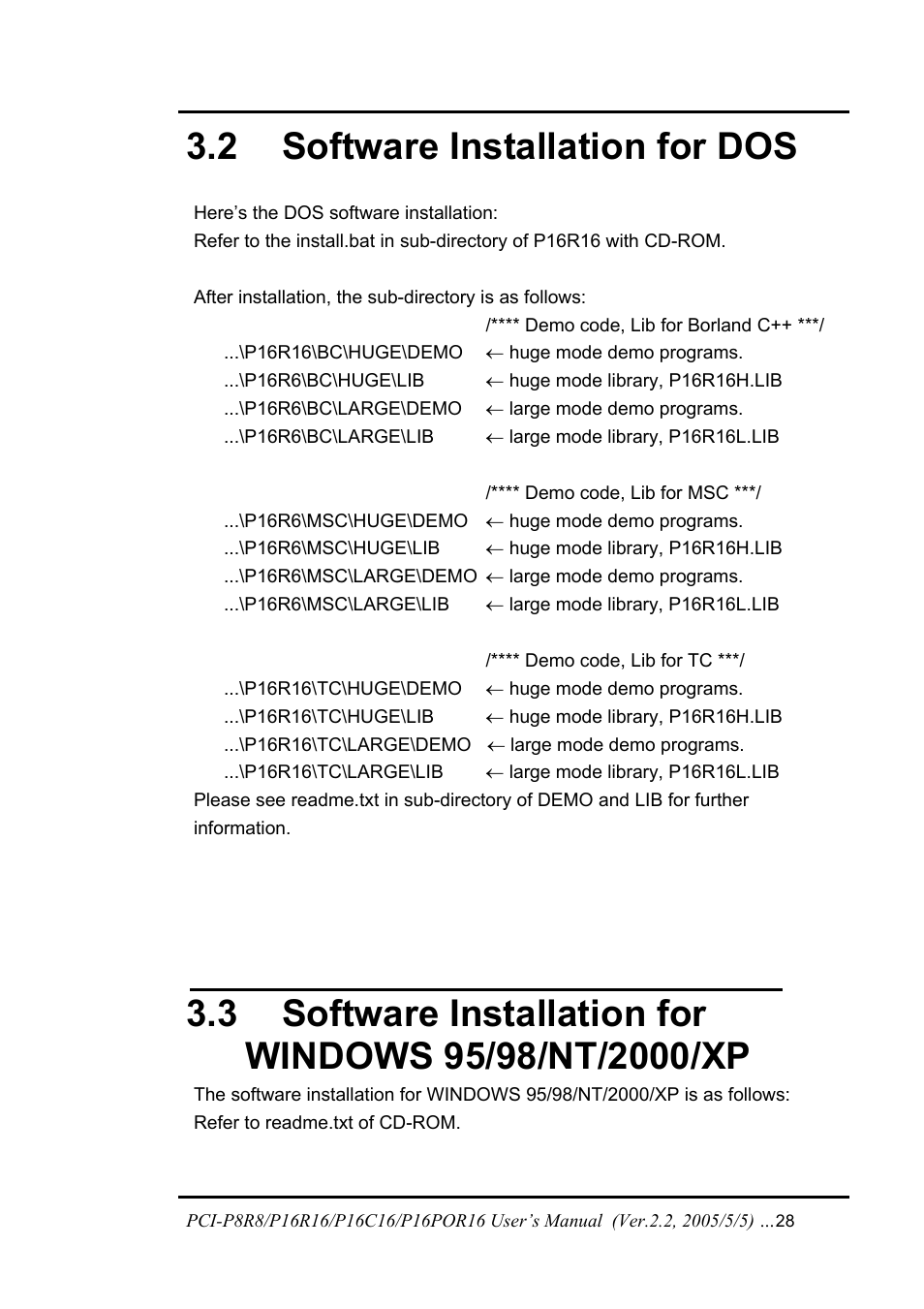 Software installation for dos, Software installation for, Oftware | Nstallation for, Windows 95/98/nt/2000/xp, 2 software installation for dos, 3 software installation for | ICP DAS USA PCI-P16C16 User Manual | Page 28 / 48