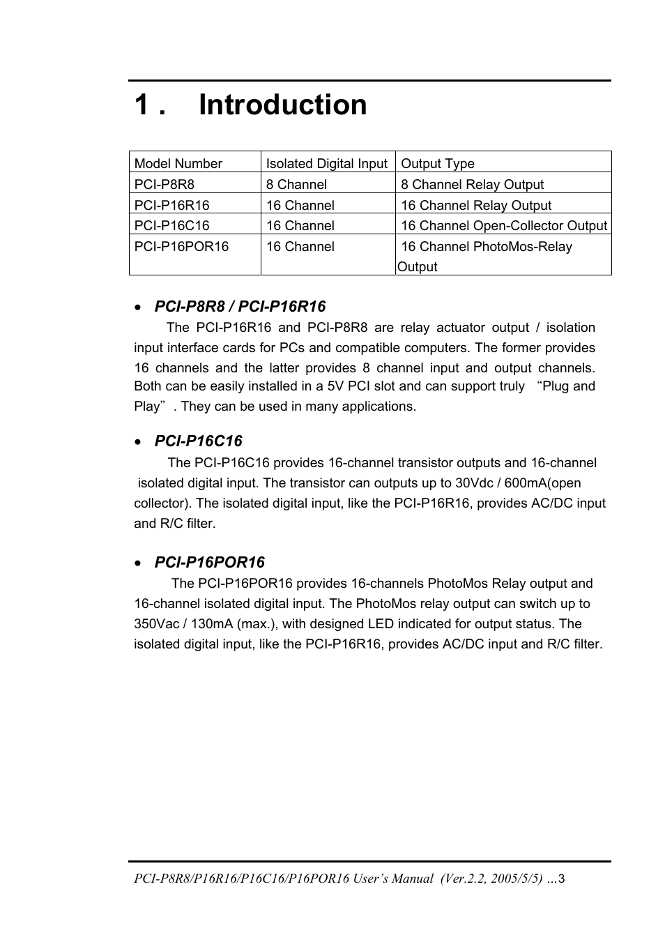 Introduction, 1 . introduction | ICP DAS USA PCI-P16C16 User Manual | Page 3 / 48