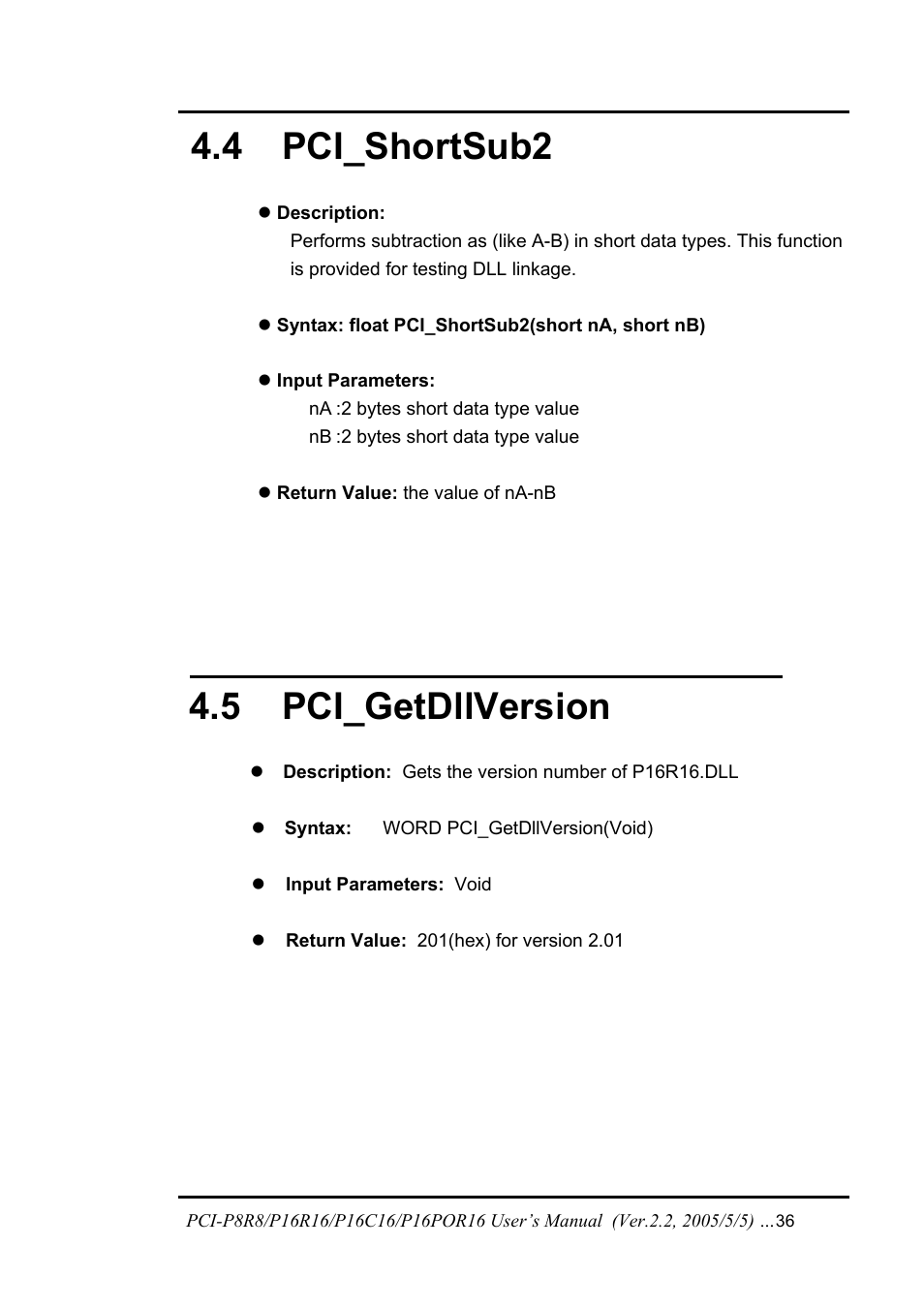 Pci_shortsub2, Pci_getdllversion, 4 pci_s | Hort, 5 pci_g, Ersion, 4 pci_shortsub2, 5 pci_getdllversion | ICP DAS USA PCI-P16C16 User Manual | Page 36 / 48