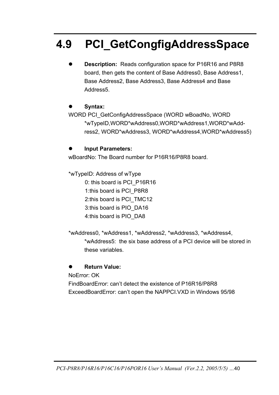 Pci_getcongfigaddressspace, 9 pci_g, Ongfig | Ddress, Pace, 9 pci_getcongfigaddressspace | ICP DAS USA PCI-P16C16 User Manual | Page 40 / 48