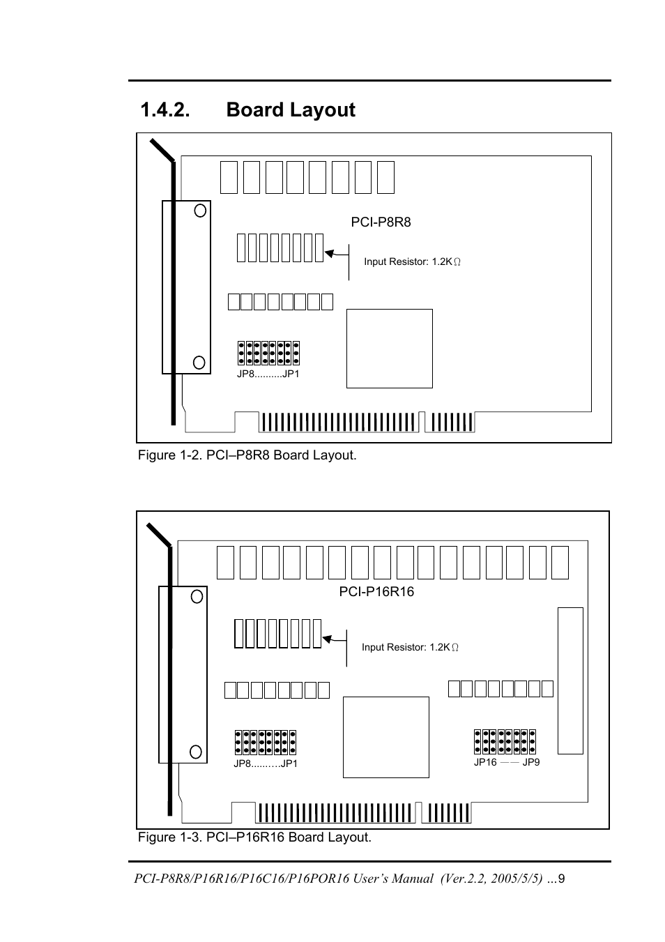 Board layout, 2 board layout | ICP DAS USA PCI-P16C16 User Manual | Page 9 / 48