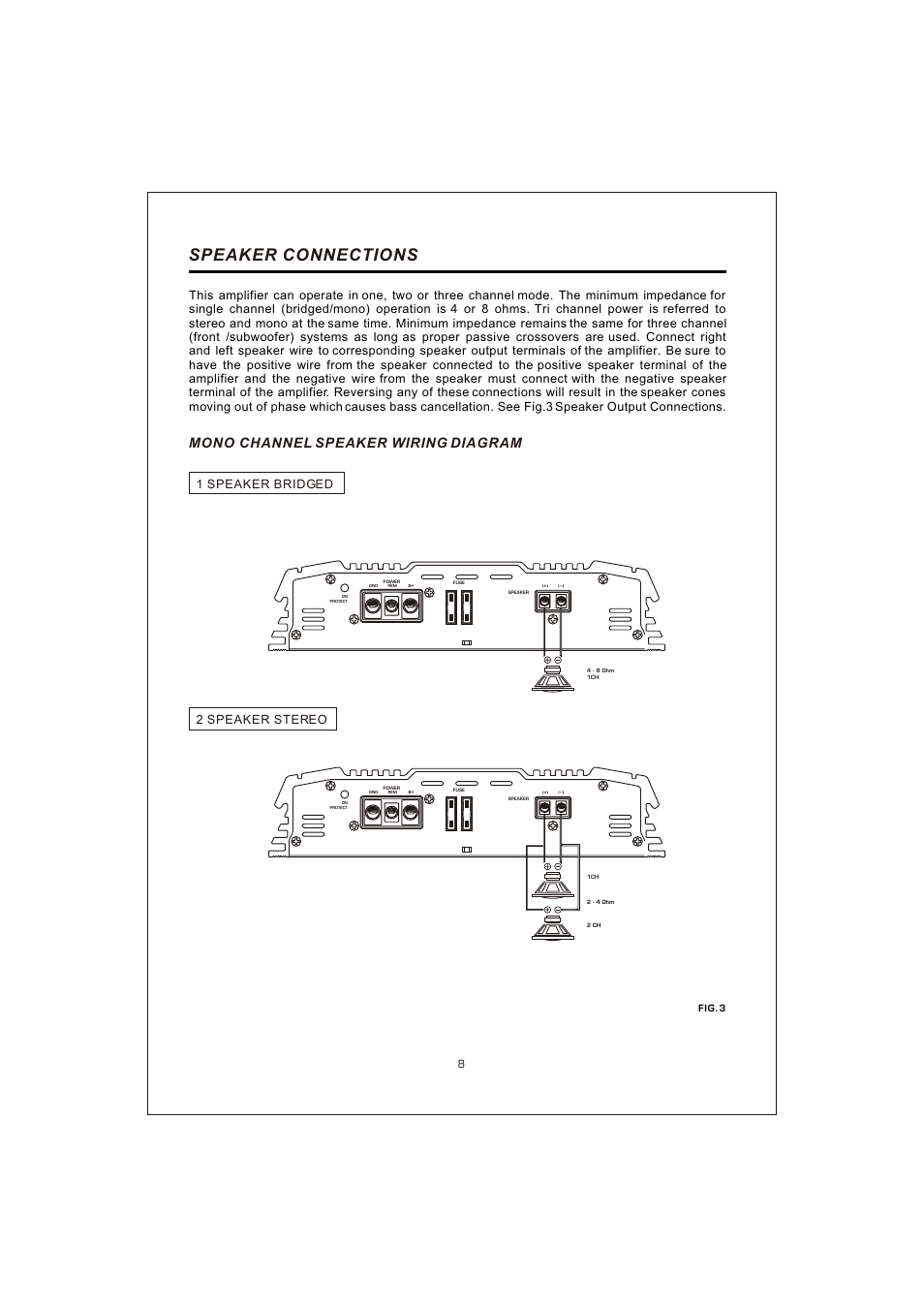 Вк 10, Speaker connections, Mono channel speaker wiring diagram | 1 speaker bridged 2 speaker stereo | Interfire Audio TUNN T-2130 User Manual | Page 10 / 20