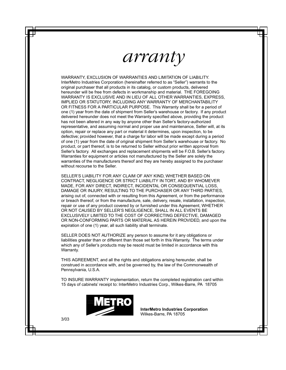 Warranty | InterMetro Ind. C199 User Manual | Page 18 / 19