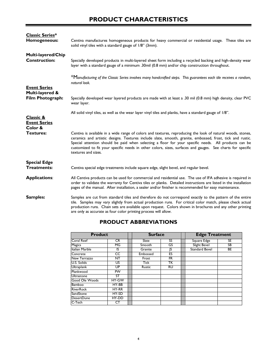 Product characteristics, Product abbreviations | International Home Products Centiva Floors User Manual | Page 4 / 21