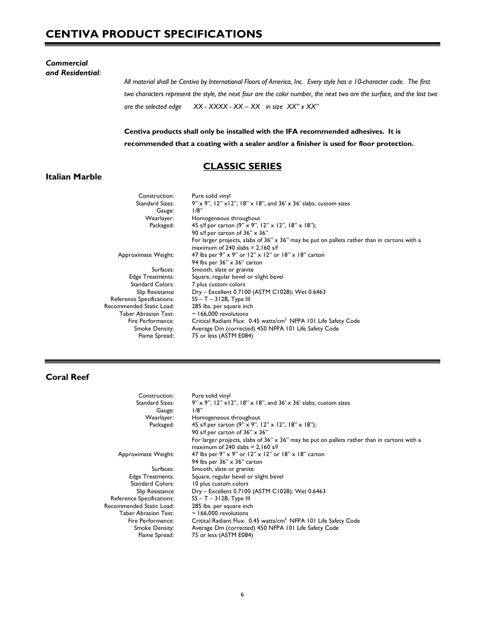 Centiva product specifications, Classic series, Italian marble | Coral reef | International Home Products Centiva Floors User Manual | Page 6 / 21