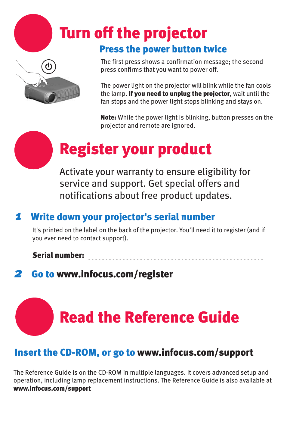 Turn off the projector read the reference guide, Register your product | InFocus IN10 User Manual | Page 6 / 8