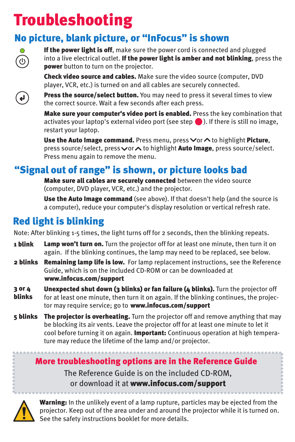 Troubleshooting, No picture, blank picture, or “infocus” is shown | InFocus IN10 User Manual | Page 7 / 8