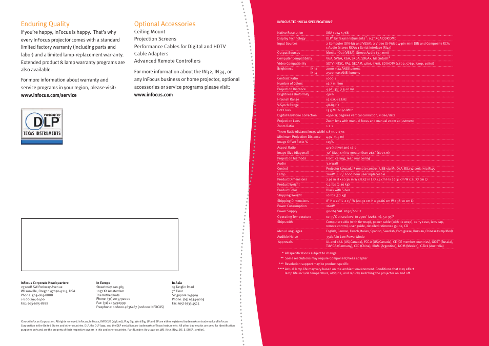 Enduring quality, Optional accessories | InFocus IN34 User Manual | Page 4 / 4