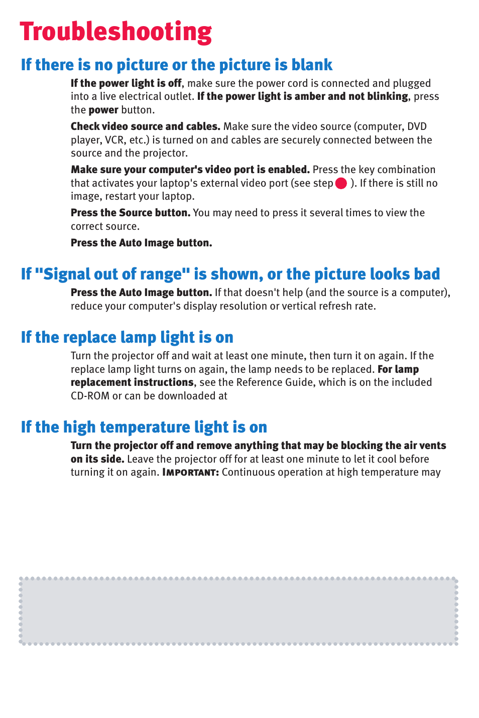 Troubleshooting, If there is no picture or the picture is blank, If the replace lamp light is on | If the high temperature light is on | InFocus in32 in34 User Manual | Page 7 / 8