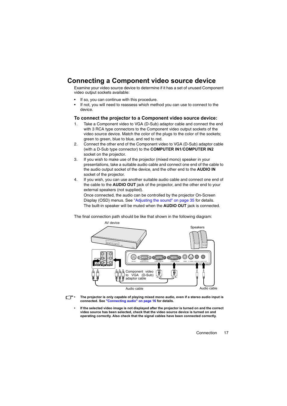 Connecting a component video source device | InFocus IN100 User Manual | Page 17 / 55