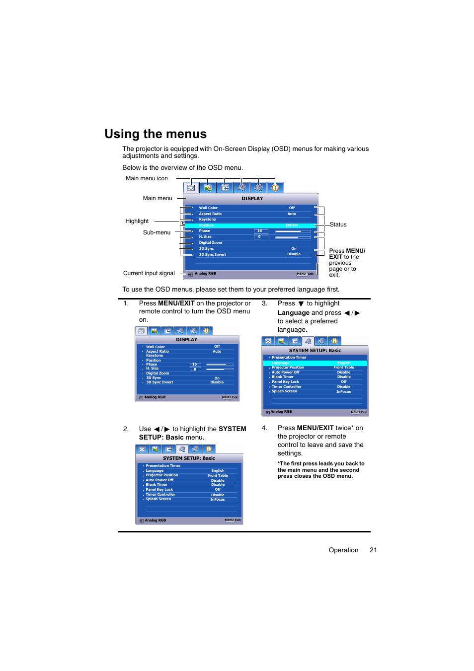 Using the menus, Using the menus" on, Using the | Operation 21 | InFocus IN100 User Manual | Page 21 / 55