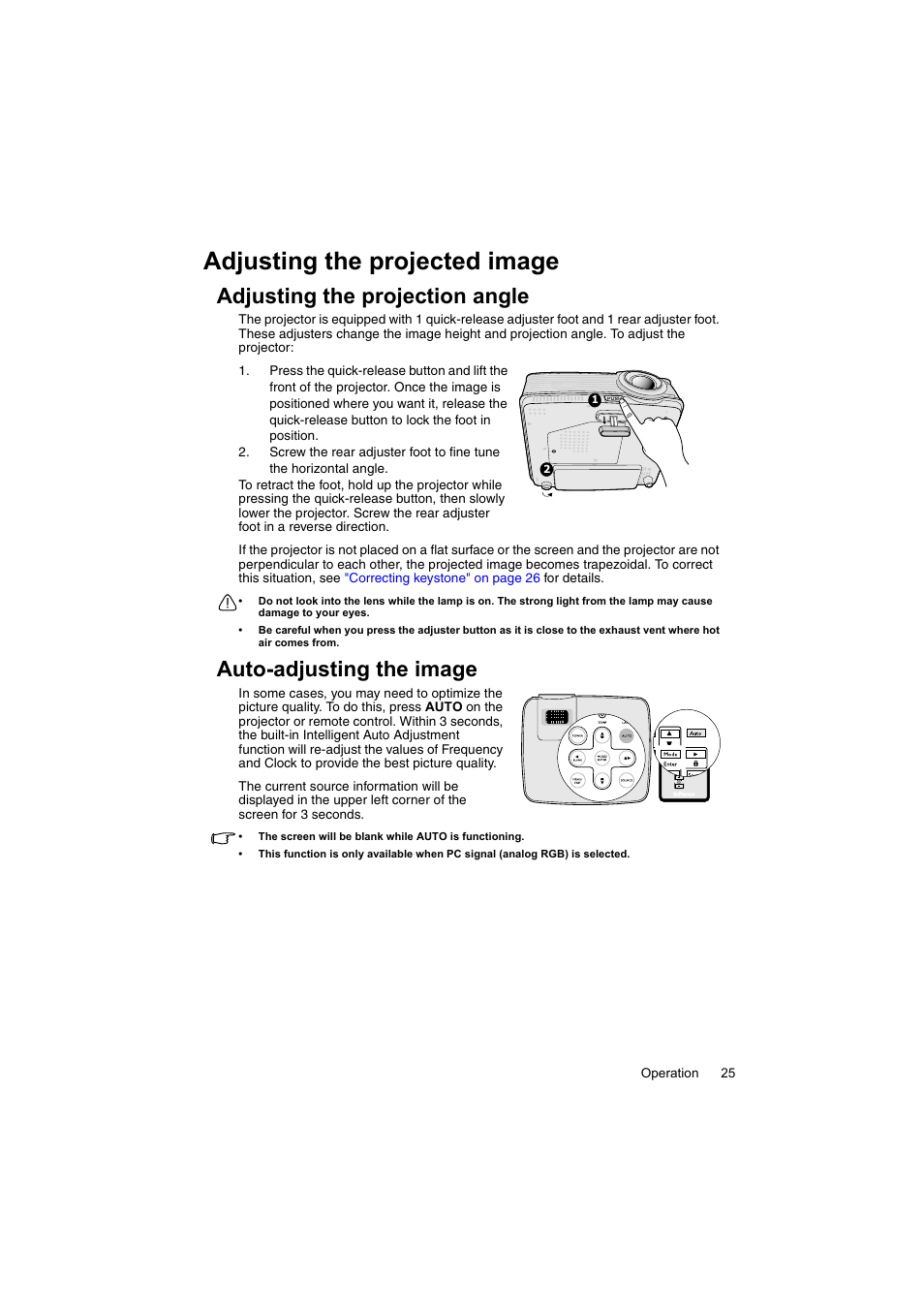 Adjusting the projected image, Adjusting the projection angle, Auto-adjusting the image | InFocus IN100 User Manual | Page 25 / 55