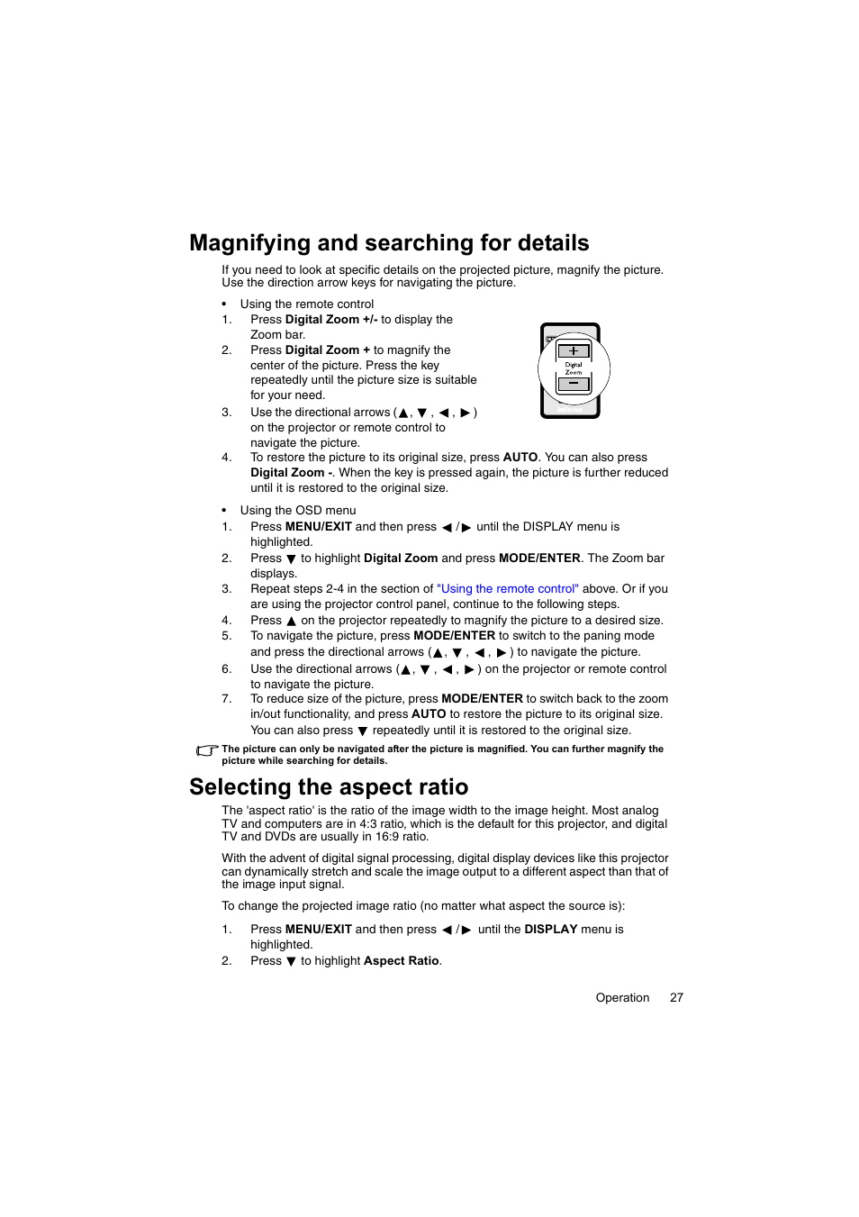 Magnifying and searching for details, Selecting the aspect ratio, Magnifying and | Selecting | InFocus IN100 User Manual | Page 27 / 55
