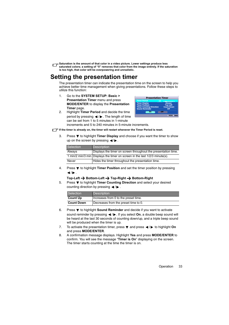 Setting the presentation timer | InFocus IN100 User Manual | Page 33 / 55