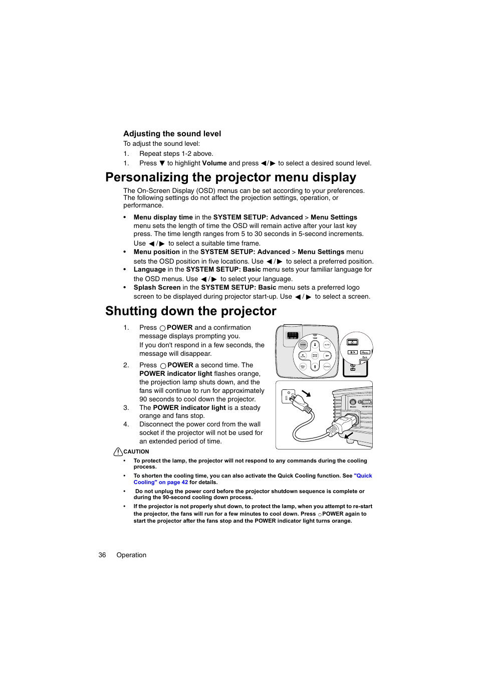 Personalizing the projector menu display, Shutting down the projector | InFocus IN100 User Manual | Page 36 / 55