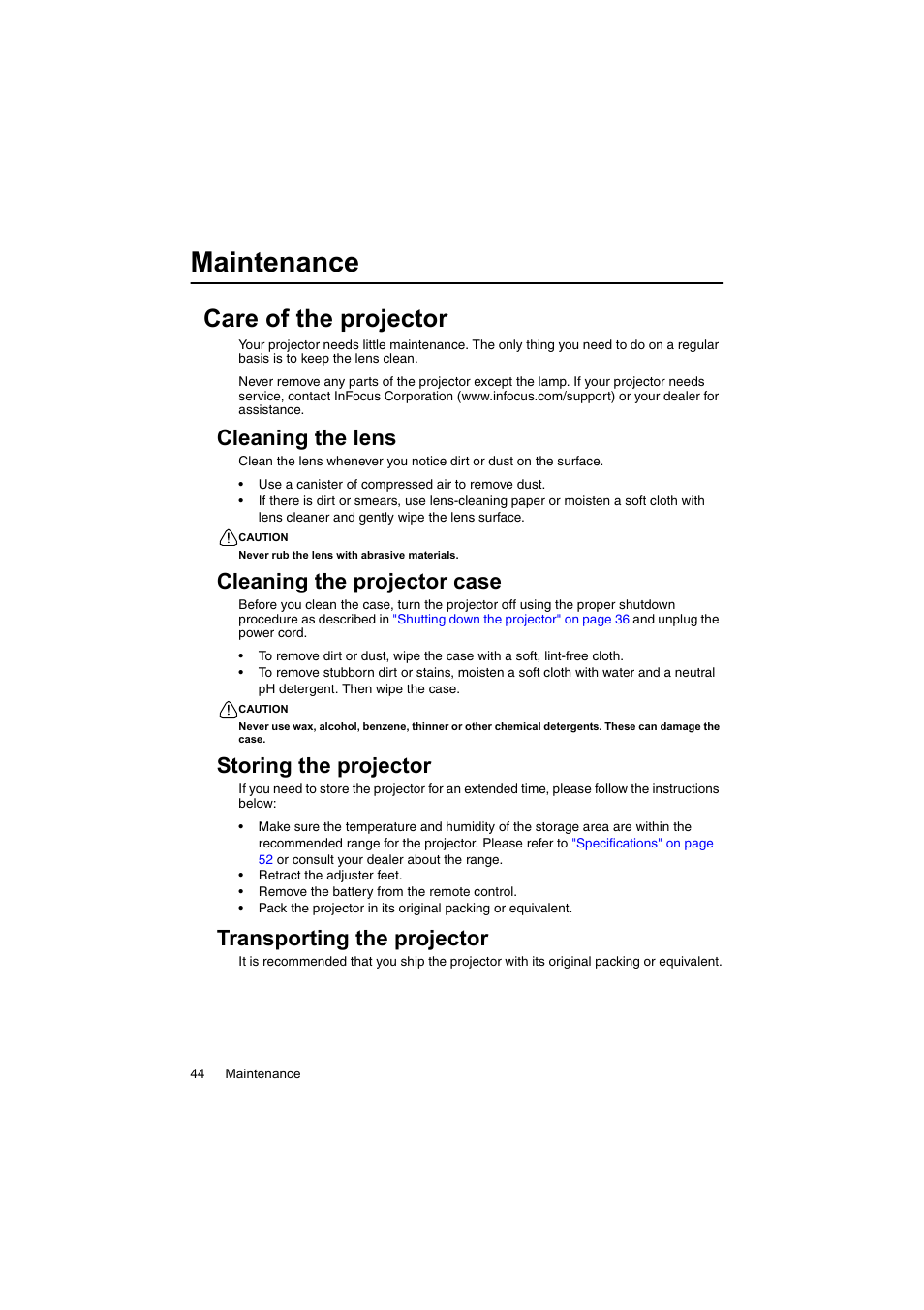 Maintenance, Care of the projector, Cleaning the lens | Cleaning the projector case, Storing the projector, Transporting the projector | InFocus IN100 User Manual | Page 44 / 55
