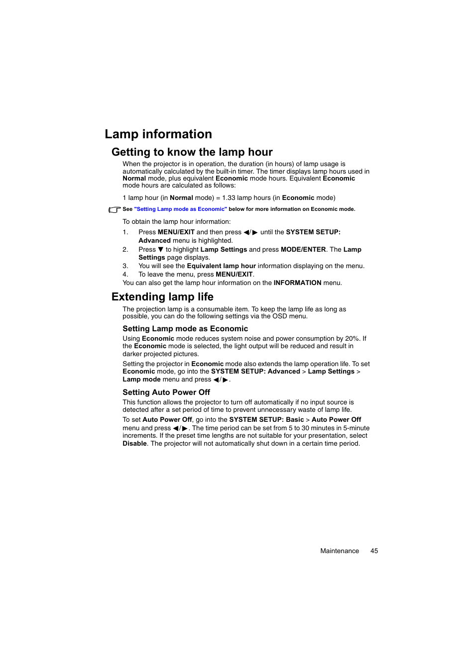 Lamp information, Getting to know the lamp hour, Extending lamp life | Setting auto power | InFocus IN100 User Manual | Page 45 / 55
